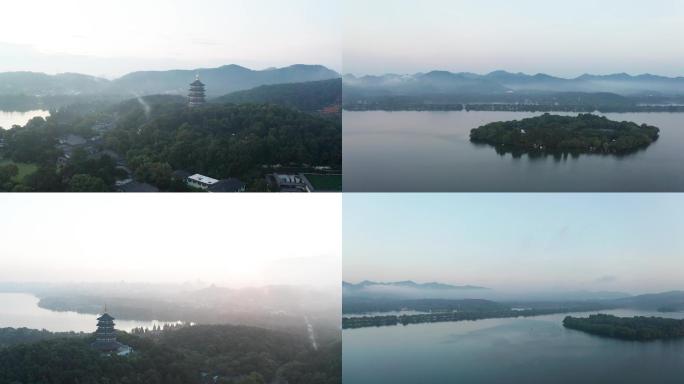 浙江杭州西湖雷峰塔全景雨后晨雾空镜航拍