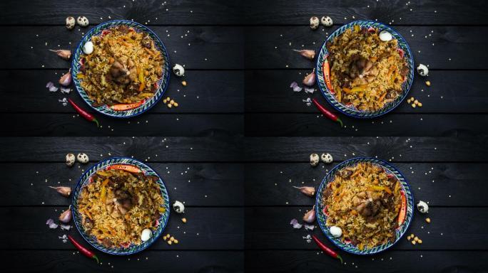 漂亮的盘子上有肉饭和东方装饰