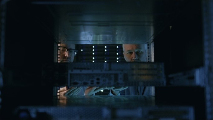 两名服务器工程师在服务器机架中安装硬件。
