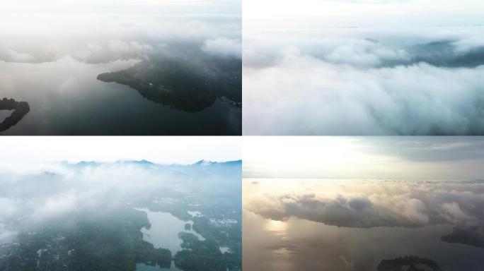 航拍 杭州西湖景区平流雾