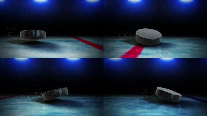冰球从左向右旋转越过冰面红线的特写镜头。