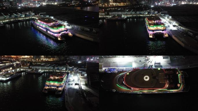 深圳蛇口港口大邮轮停靠码头夜景航拍