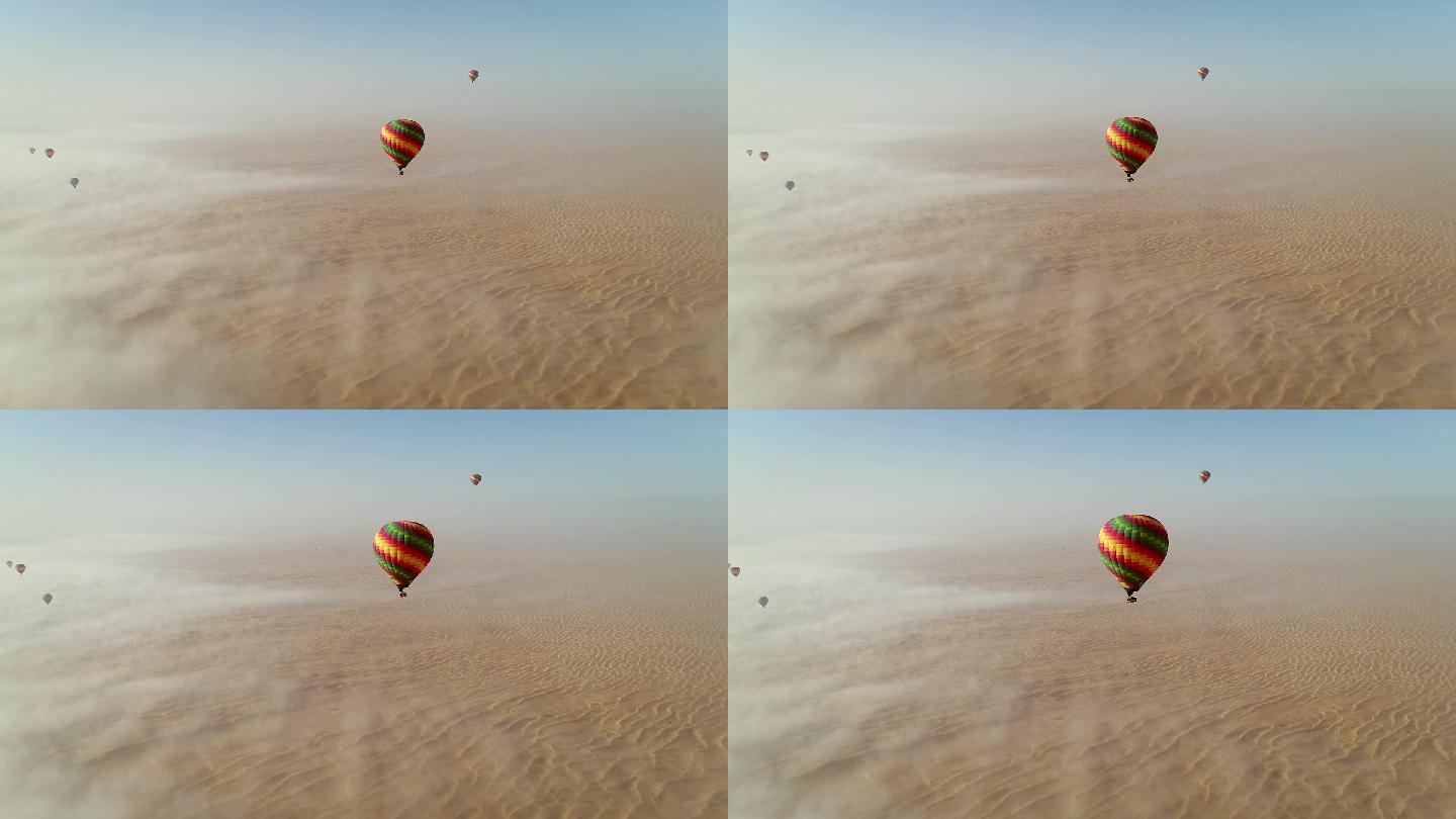阿联酋迪拜沙漠上热气球在飞行的鸟瞰图。