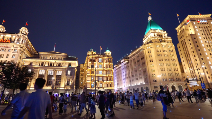 4K城市夜晚人群车流-上海外滩夜景