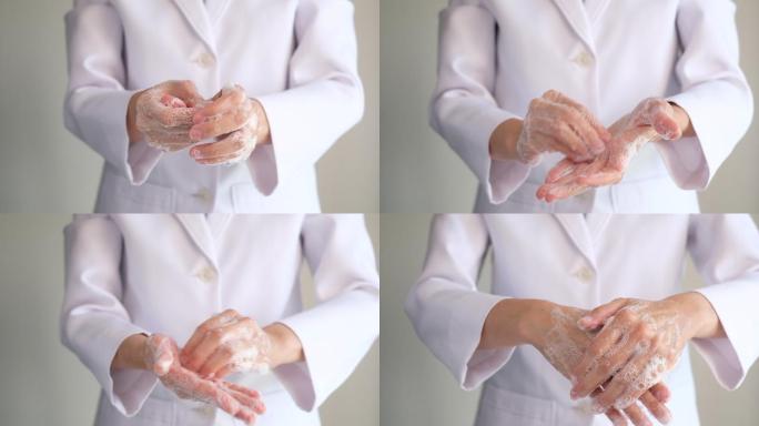 医生展示正确洗手方法，防止传播新冠病毒