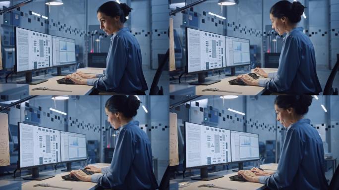 女工程师在电脑屏幕上工作