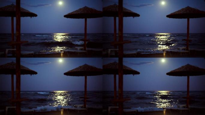 海滩上的月光日落幻想波浪-水