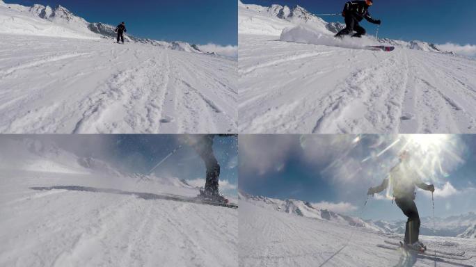 滑雪板在镜头前喷洒雪