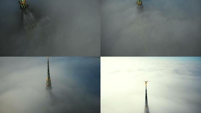神奇的梦幻天堂教堂尖塔大气空中拍摄。