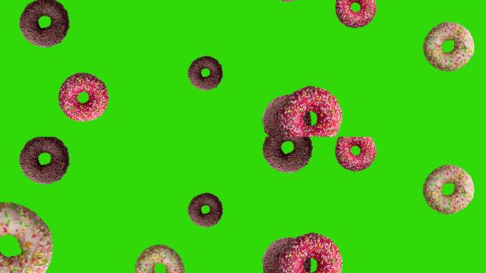 绿色屏幕上美味甜甜圈下落的动画。