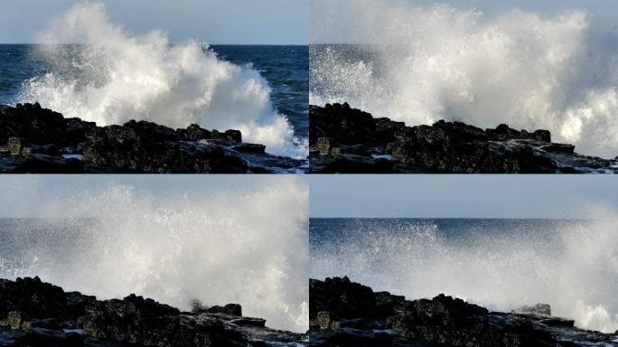 巨浪撞击海岸岩石波浪水爆炸海岸线
