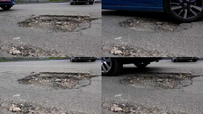 汽车和路面有洞的破裂沥青