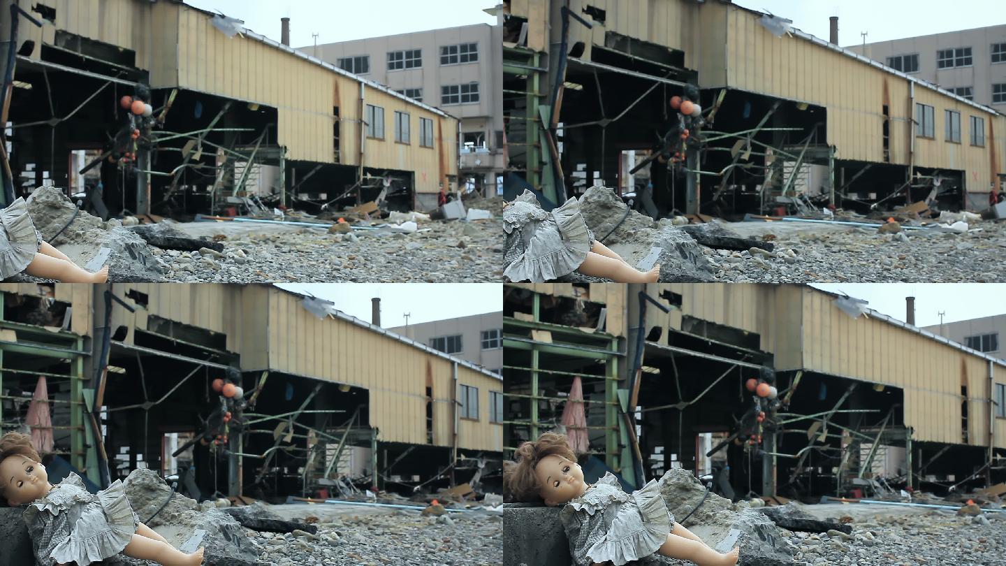 海啸后被摧毁的福岛核电站和一个玩具