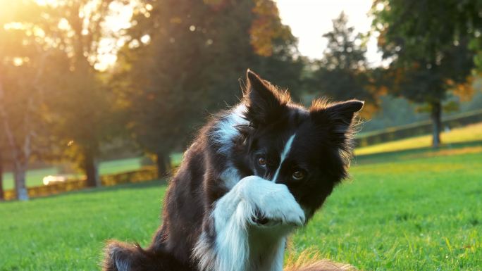 牧羊犬坐在草地上用爪子遮住脸的特写镜头。