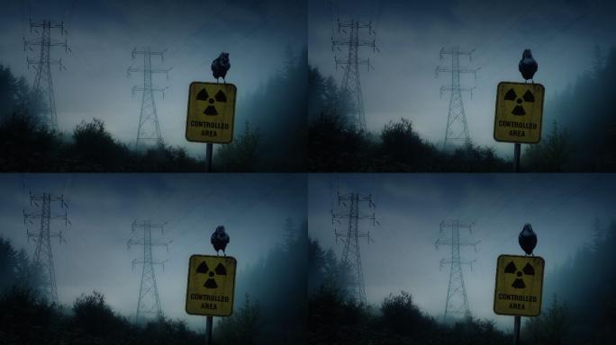 乌鸦栖息在核辐射标志上