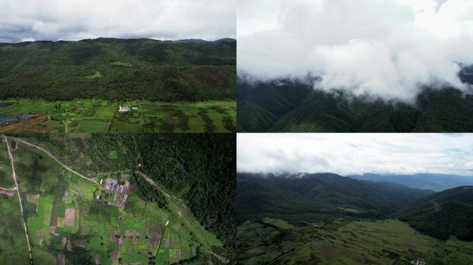 航拍云南大理大山苍山花甸坝云层小院