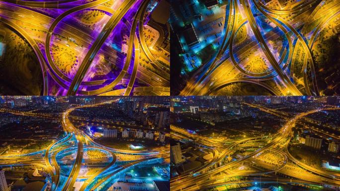 城市夜景立交桥高架桥4K航拍延时摄影