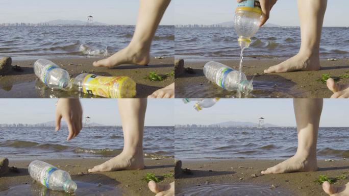 4K志愿者海边捡塑料瓶环保