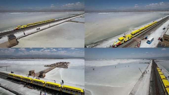 4k飞近小火车转侧面带出笔直铁路茶卡盐湖