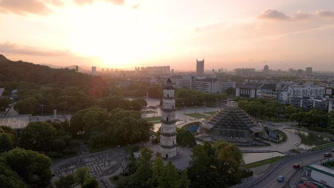 绍兴城市广场大善塔府山飞翼楼夕阳落日航拍