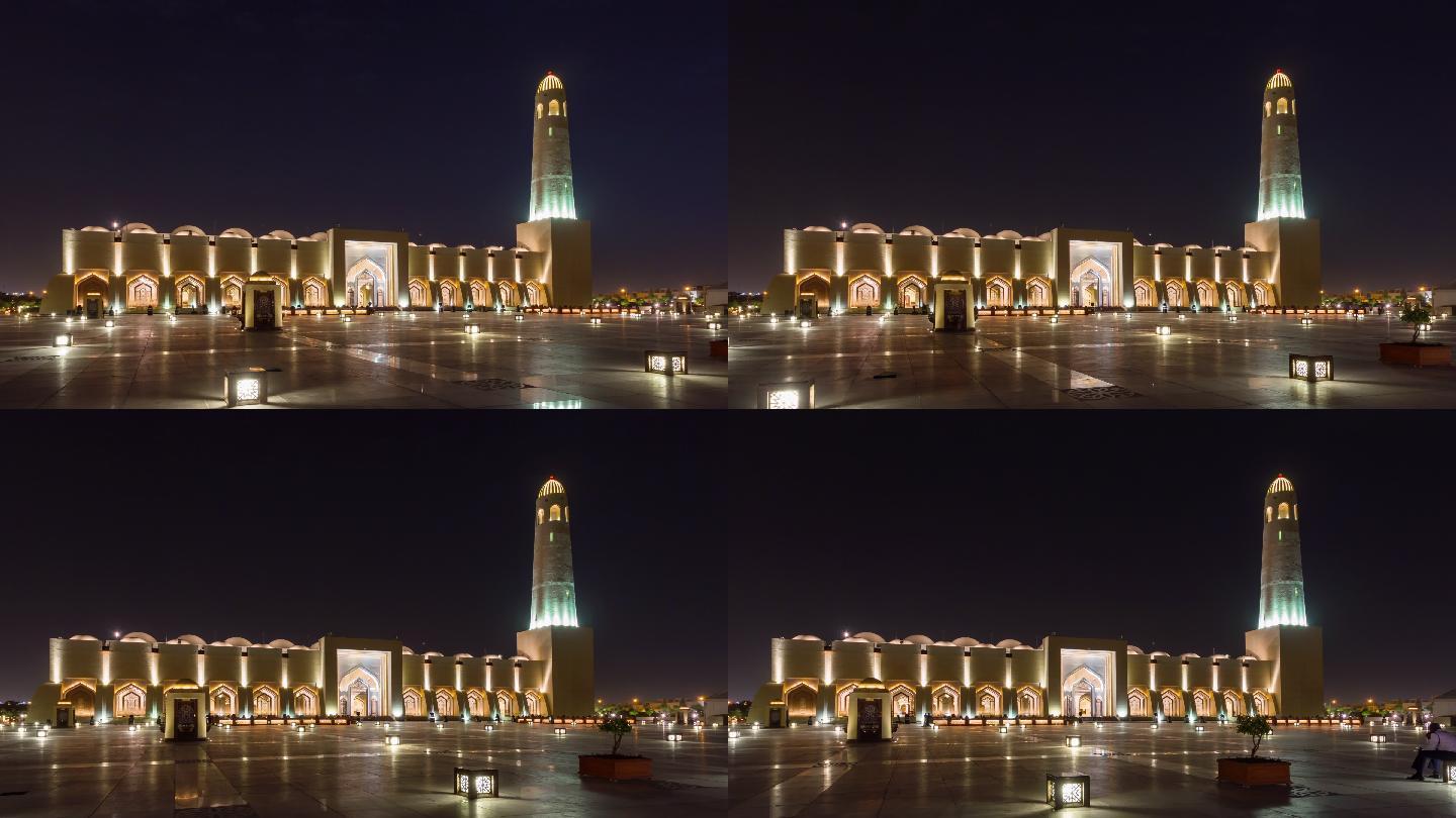 夜间照明多哈城市清真寺前广场全景延时