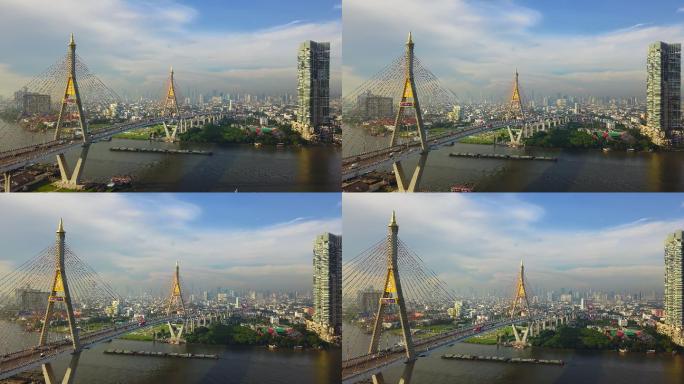 曼谷市横跨湄南河的普密蓬吊桥鸟瞰图