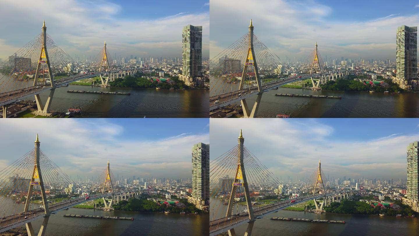 曼谷市横跨湄南河的普密蓬吊桥鸟瞰图
