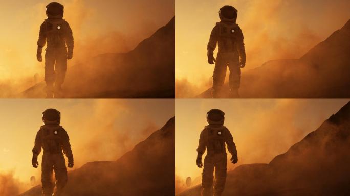 宇航员自信地在火星表面行走。