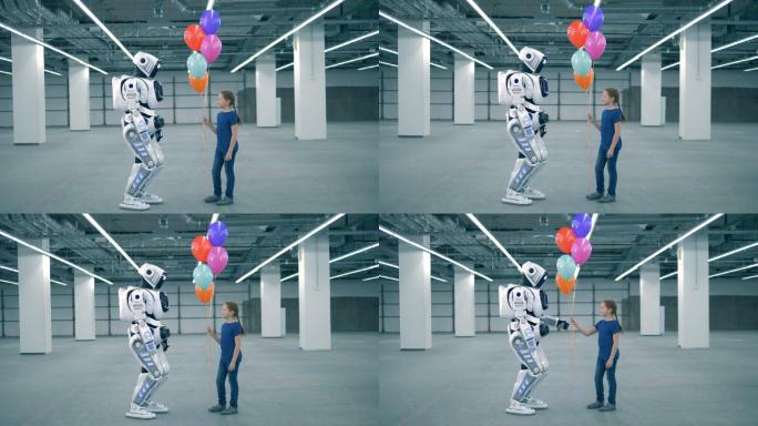 一个小女孩在给一个智能机器人送气球