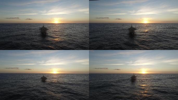 夕阳下 大西洋上 航拍远洋渔船远景
