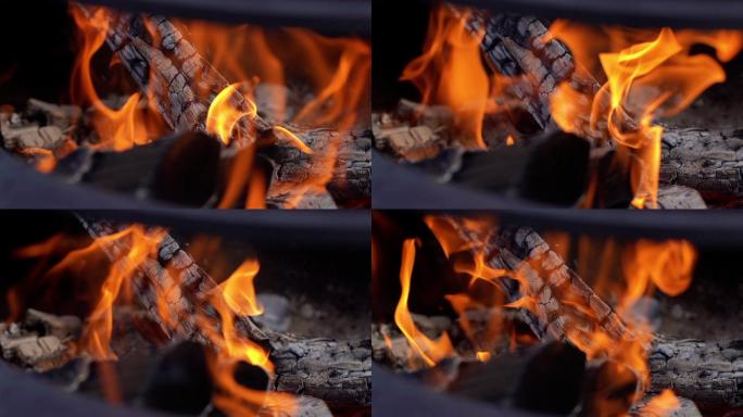 烧柴火的火盆特写。