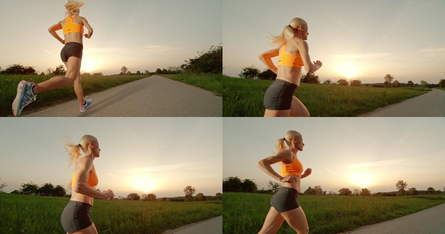 在日落时奔跑的金发女人