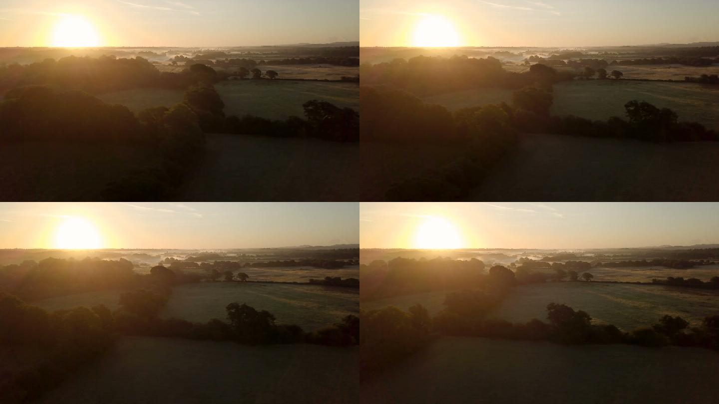 黎明时分在英国乡村上空视角