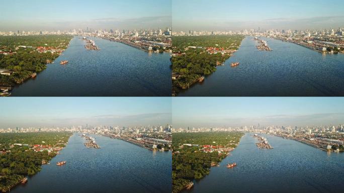 曼谷市中心湄南河鸟瞰图