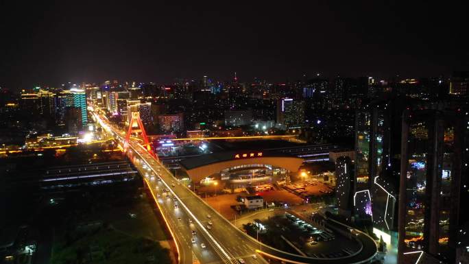 成都地标太阳神鸟火车南站立交夜景航拍4K