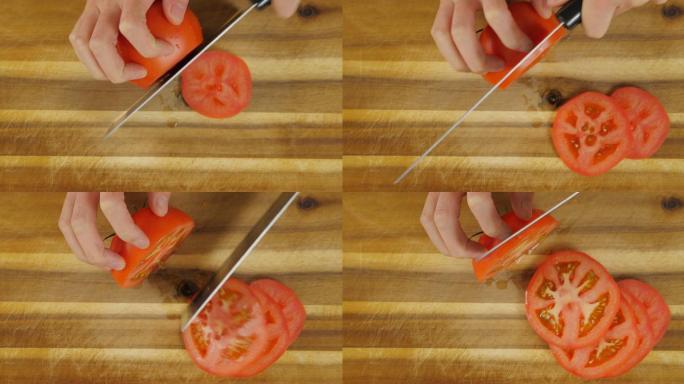 在木板上切西红柿