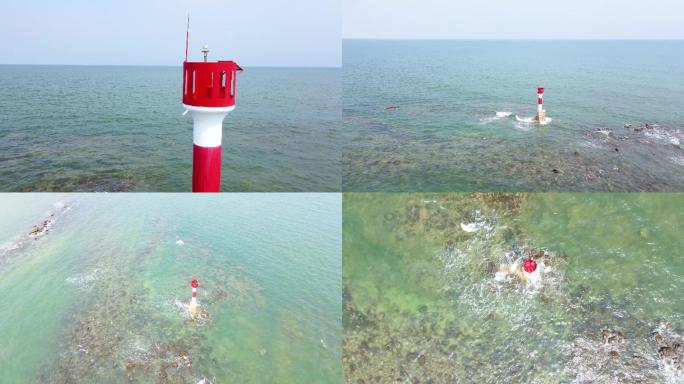 4K航拍广西北部湾大海灯塔海水