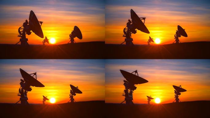 三台射电望远镜在夕阳映衬下探索