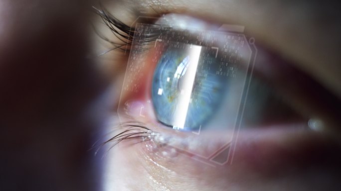 蓝眼睛，高科技未来虚拟现实个人安全扫描。