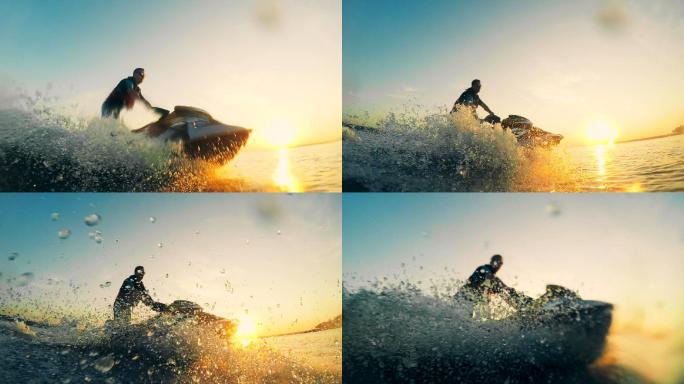 夕阳下的摩托艇冲浪海上娱乐运动极限运动夕