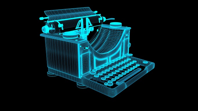 4K蓝色全息科技线框打字机素材旋转带通道