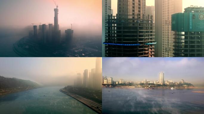 晨雾中的宜宾三江口CBD高楼