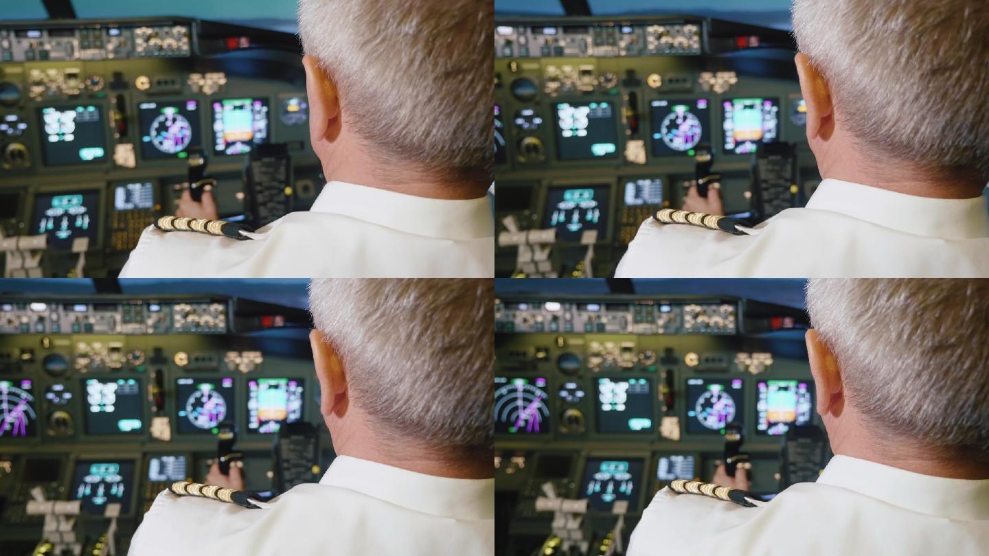 机长正在控制飞机，后视图。