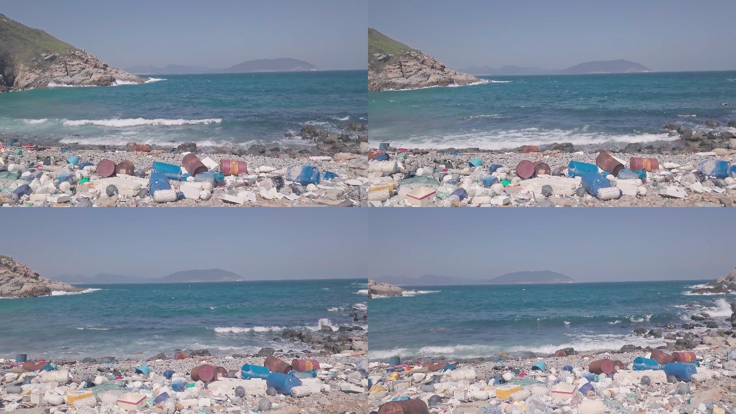 海滩覆盖着塑料和垃圾。