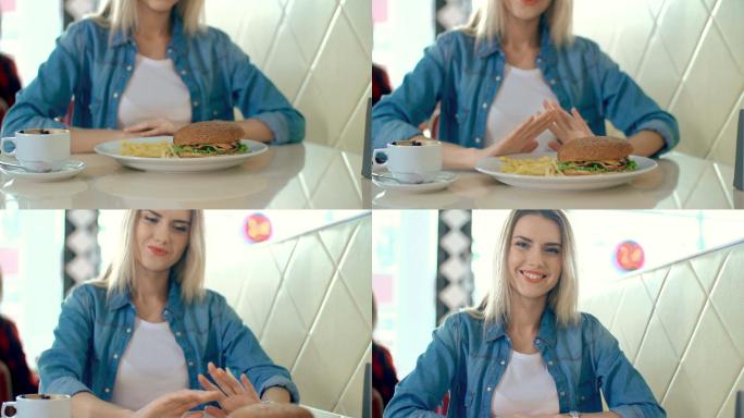 女孩不吃汉堡生菜洋葱肉饼火焰