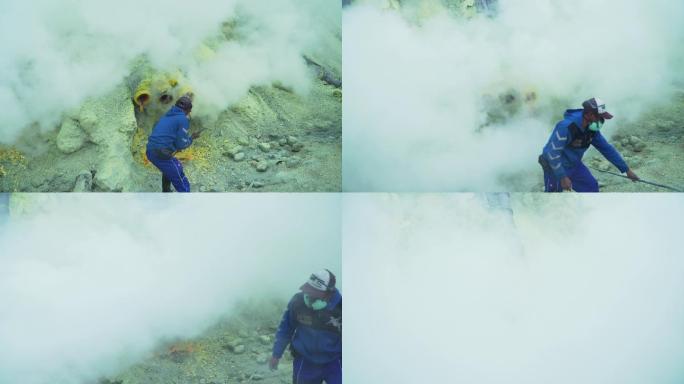 一个人正从火山口中提取硫。
