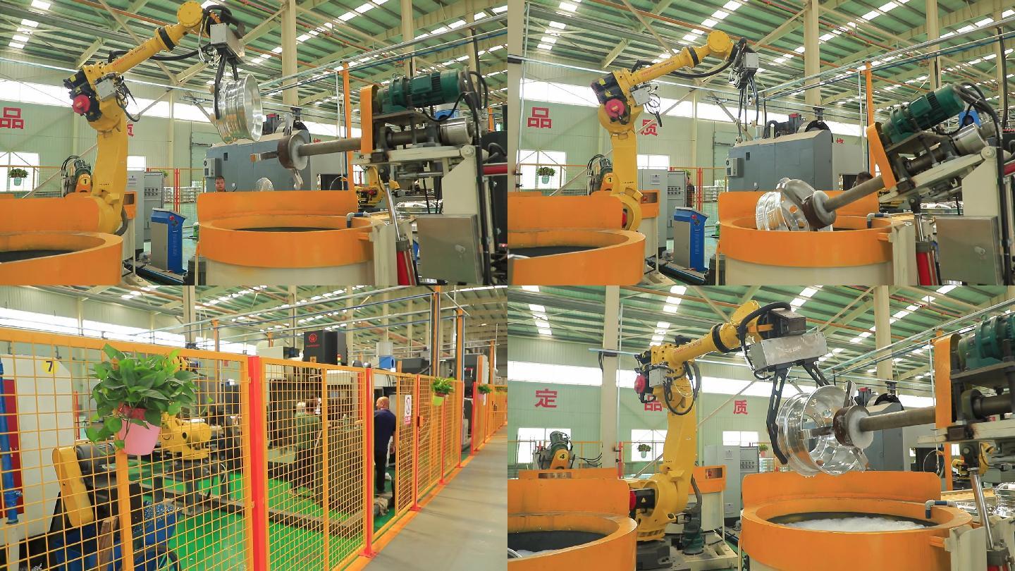 厂房内自动机械臂修复轮毂流水线工业生产