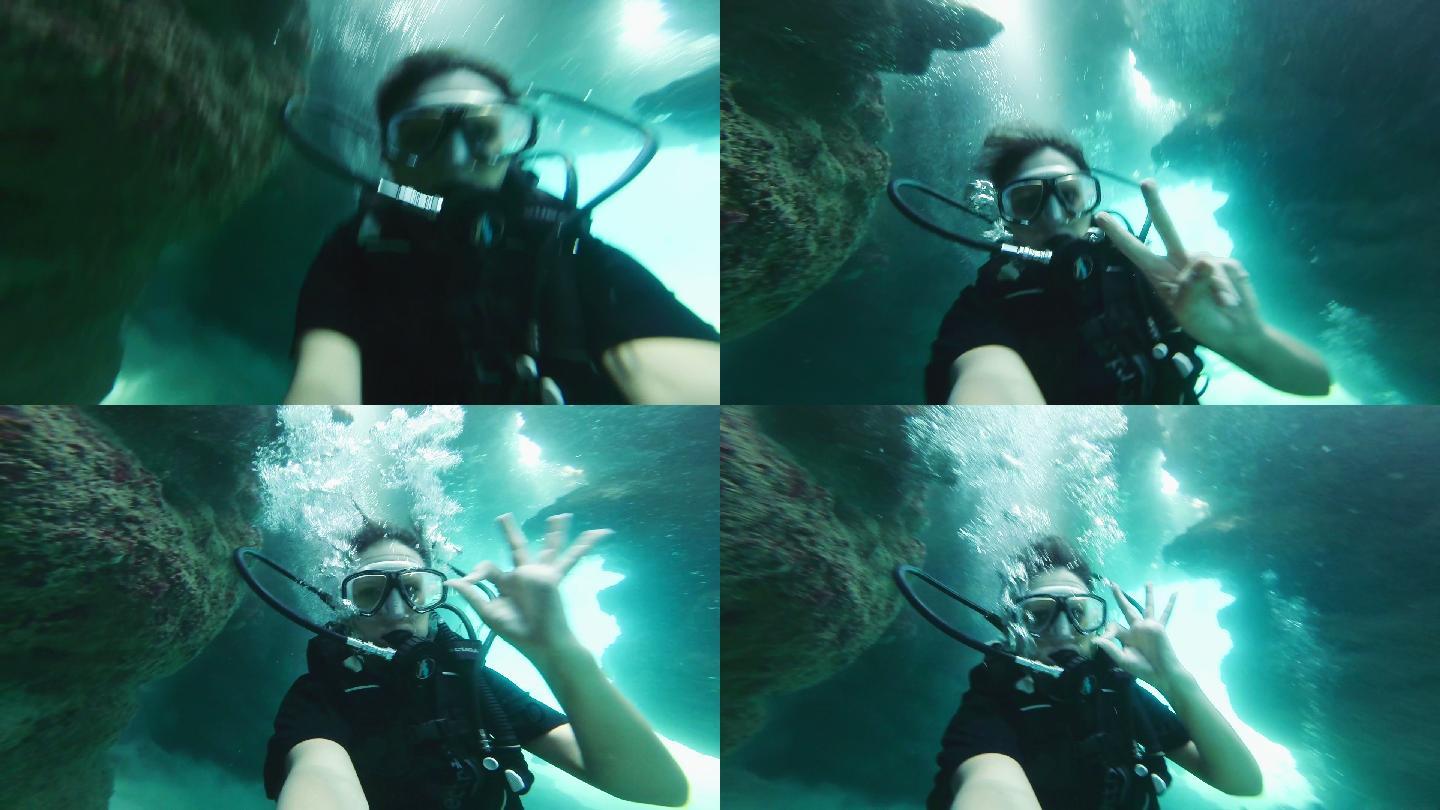 水下洞穴自拍海边旅游探险潜泳礁石珊瑚礁