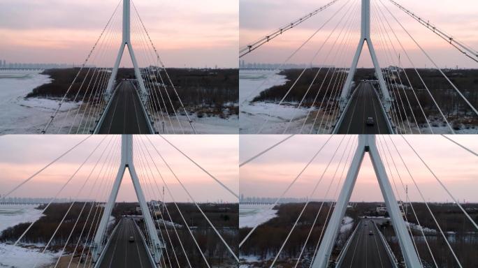 哈尔滨太阳岛冬季斜拉索桥航拍穿越
