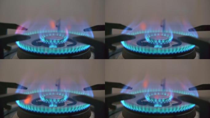 厨房蓝色燃气炉火焰点火